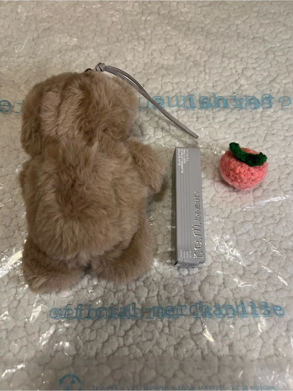 Ariana Grande R.E.M Beauty Bear Keychain + Peach with Blur Butter in Dusty Pink